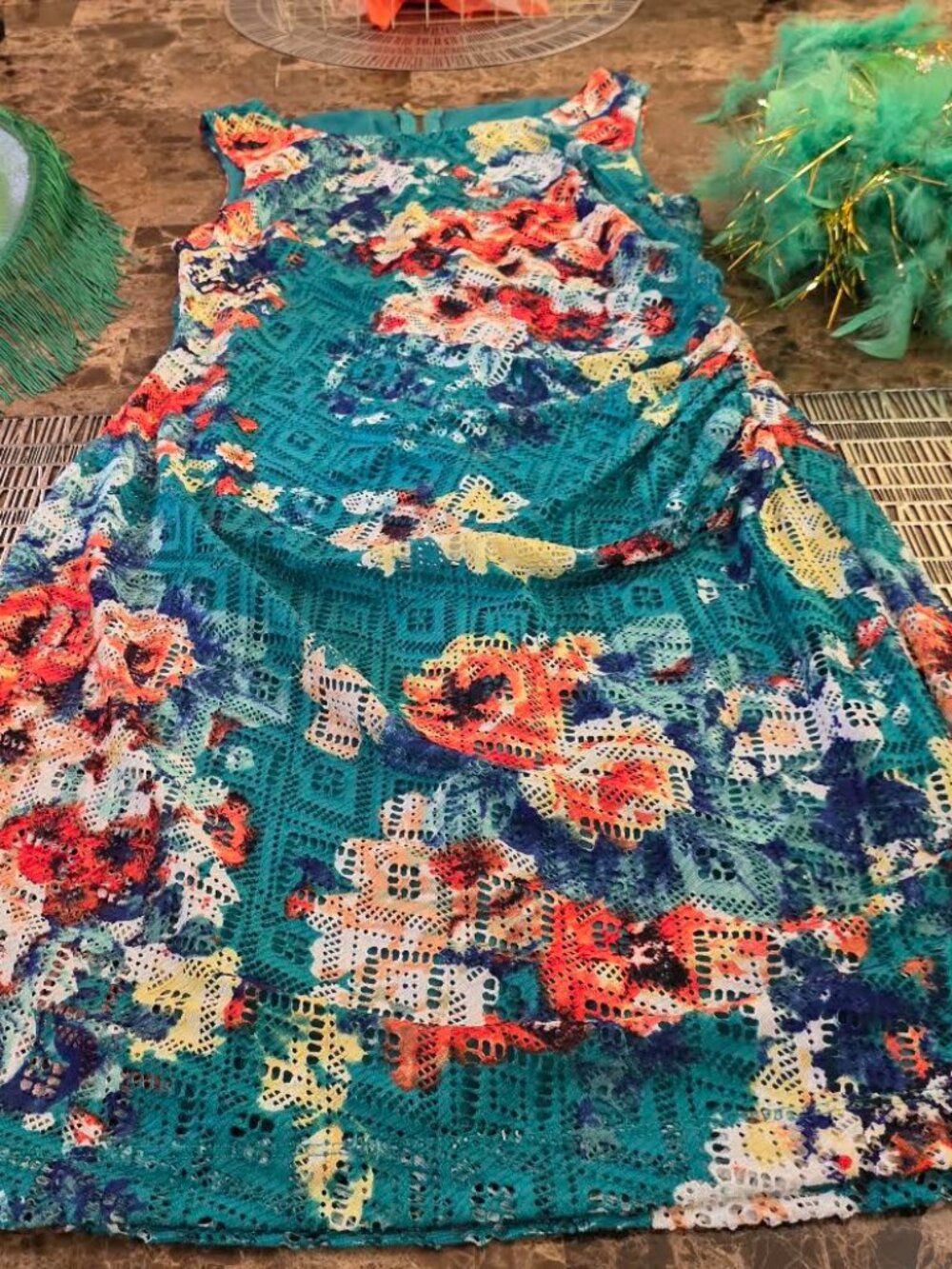 Bisou Bisou by Michele Bohbot Teal & Orange Floral Ruched Mesh Midi Dress Size 8